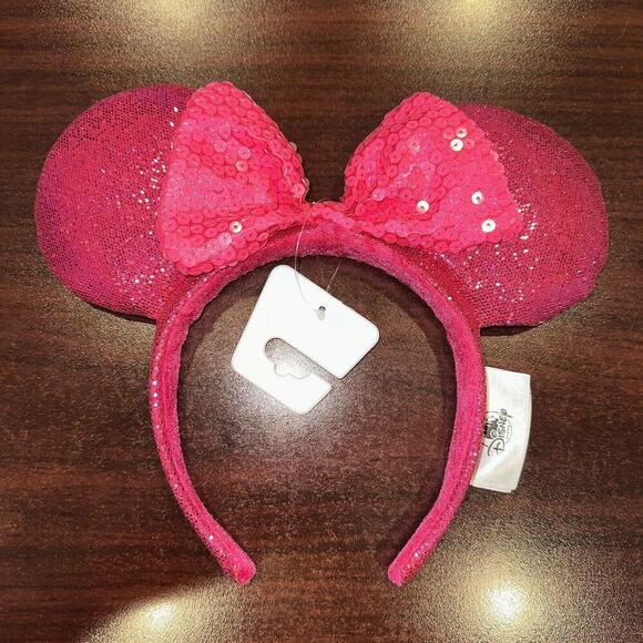 Disney Parks Hot Pink Glitter Sparkle Ears With Sequin Bow Headband New W/ Tags